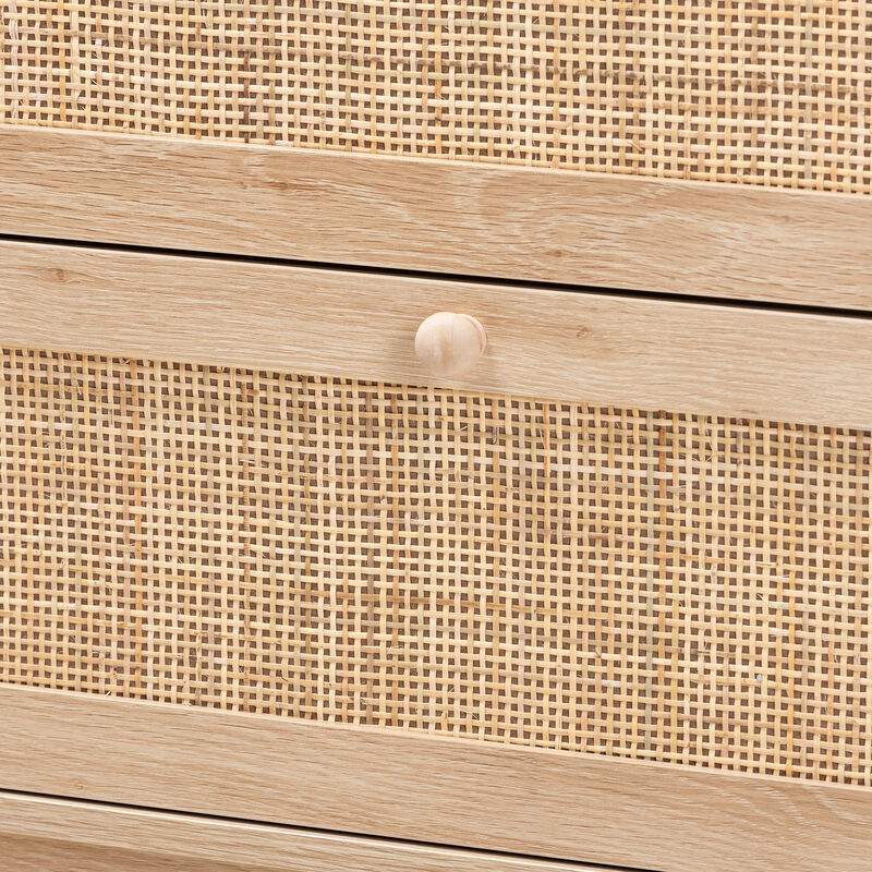 Baxton Studio Elsbeth Japandi Oak Finished Wood and Natural Rattan 3 Drawer Storage Cabinet