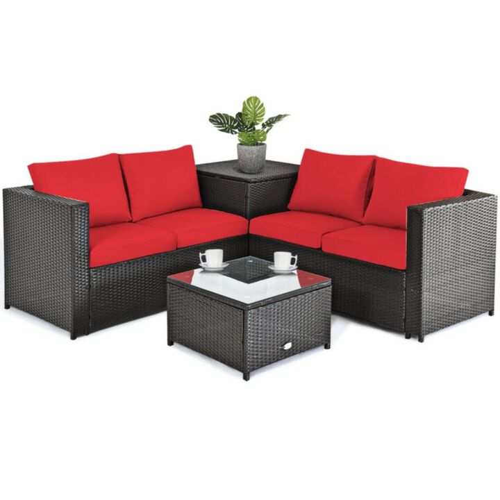 Hivvago 4 Pieces Outdoor Patio Rattan Furniture Set with Loveseat and Storage Box