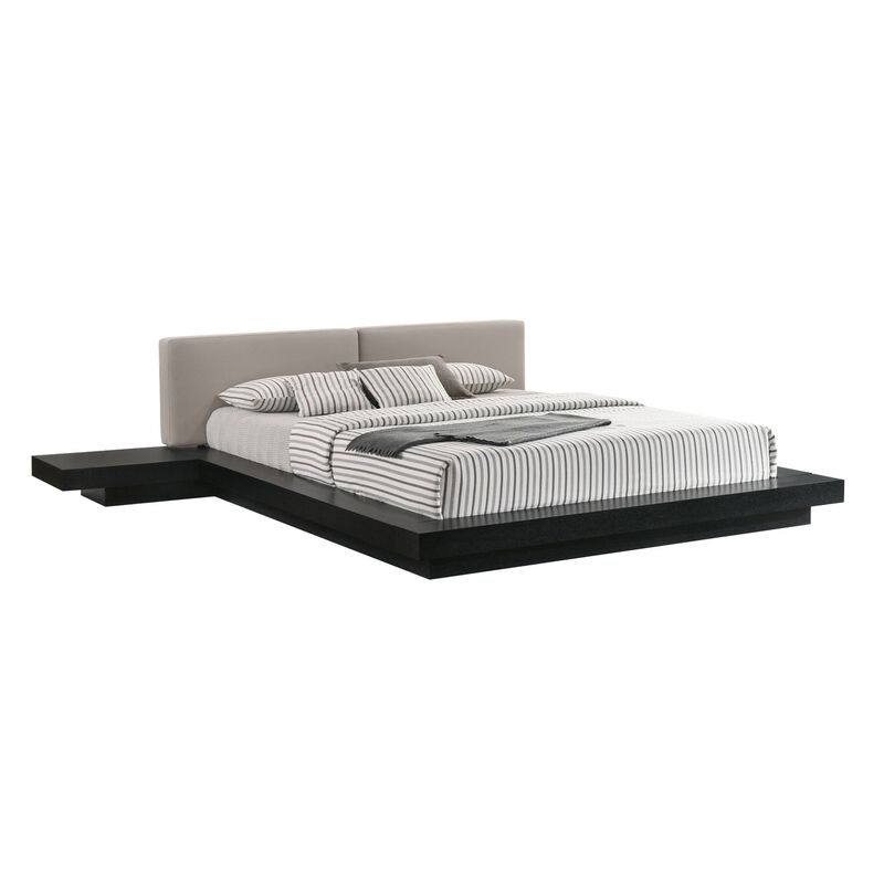 Nia Queen Size Bed, Gray Faux Leather, Black Layered Low Profile Frame - Benzara