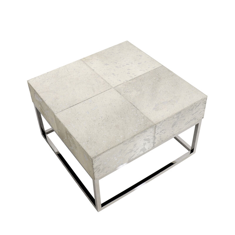 Pasargad Home Safari Silver Foil Cowhide & Steel Coffee Table, Silver