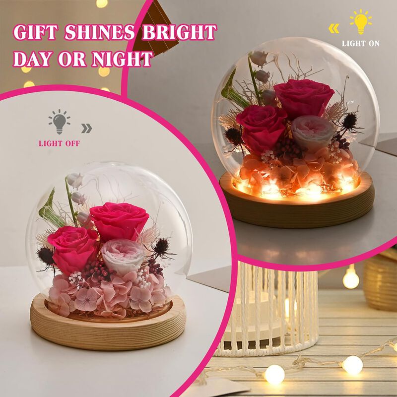 Red Rose in Glass Dome with LED Light,Gifts for Women