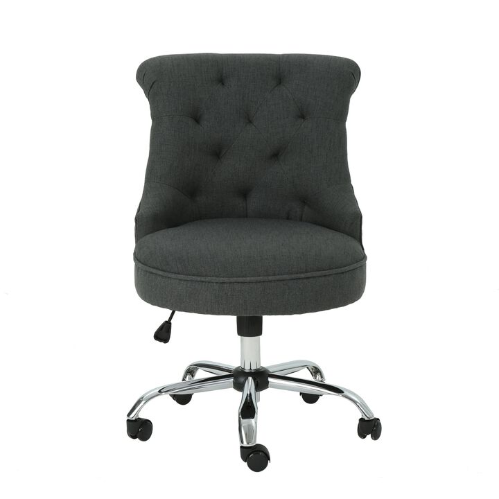 Ovi Swivel Office Chair, Rolling Wheels, Dark Gray Fabric, Tufted Back -Benzara