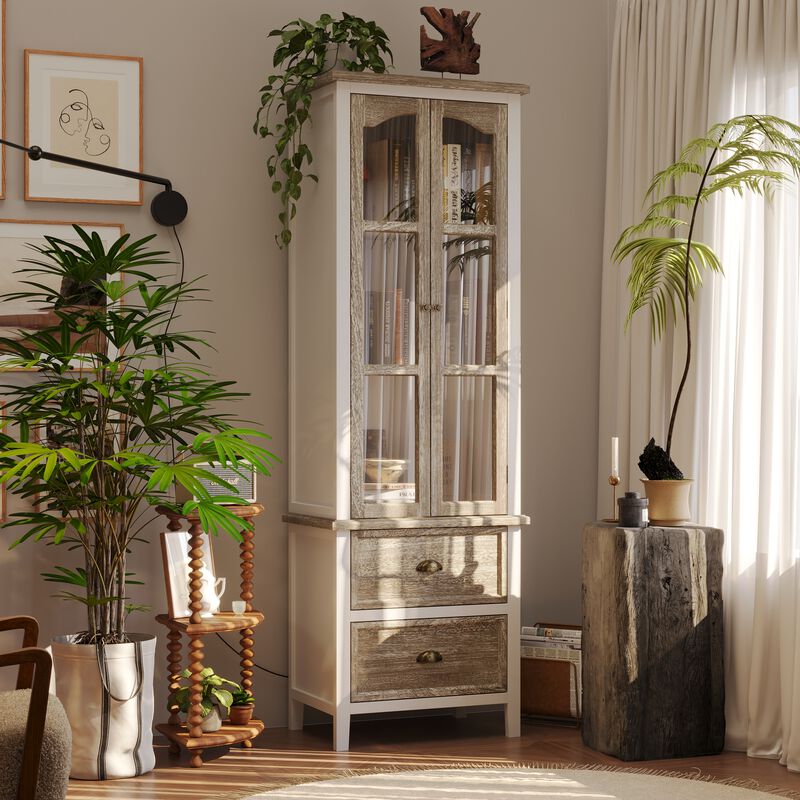 FUFU&GAGA Modern Tall Bookshelf with Glass Doors and Drawers for Home Office and Study, (23.6" W x 73" H x 15.7" D), White & Brown