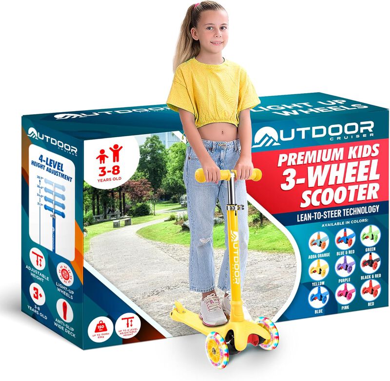 Outdoor Cruiser 3-Wheel Kids Scooter – with Lean-to-Steer Technology, Led Lighted Wheel, 4-Level Adjustable Height T-bar Handle, Support Kids Up to 150 Lbs, for Boys & Girls Ages 3-8