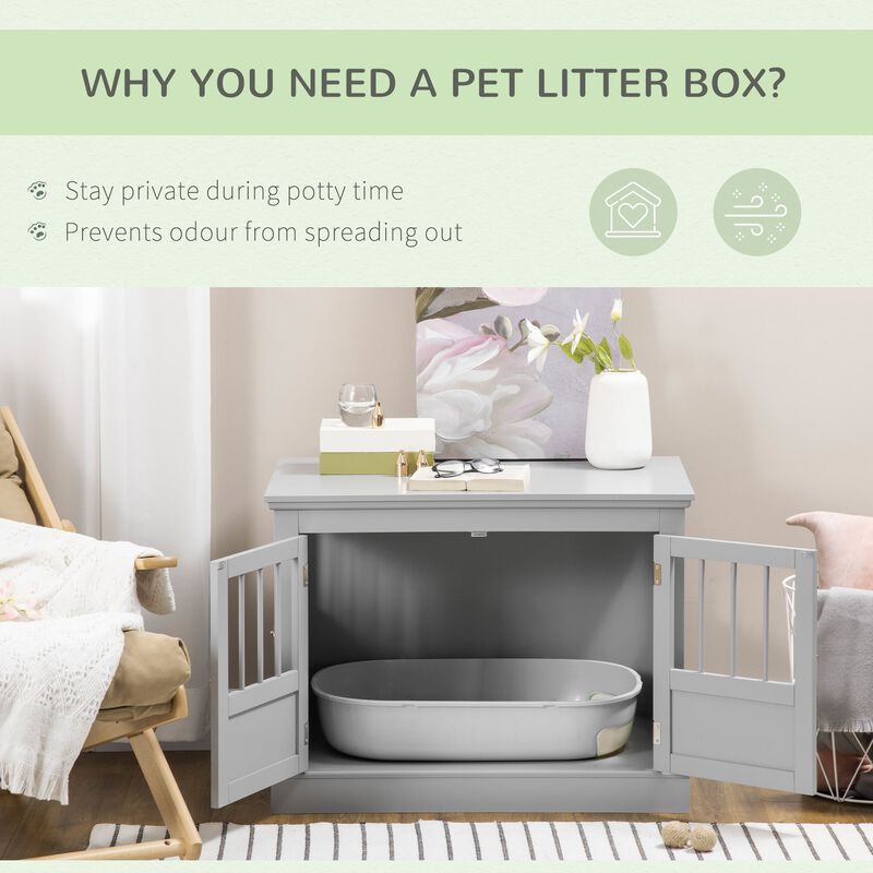 Pewter Gray Pet Furniture: Wooden Dog Crate End Table with 3 Doors