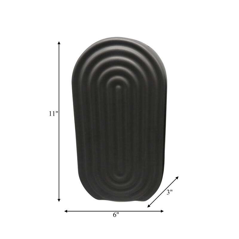 11" Ceramic Oval Ridge Vase, Black