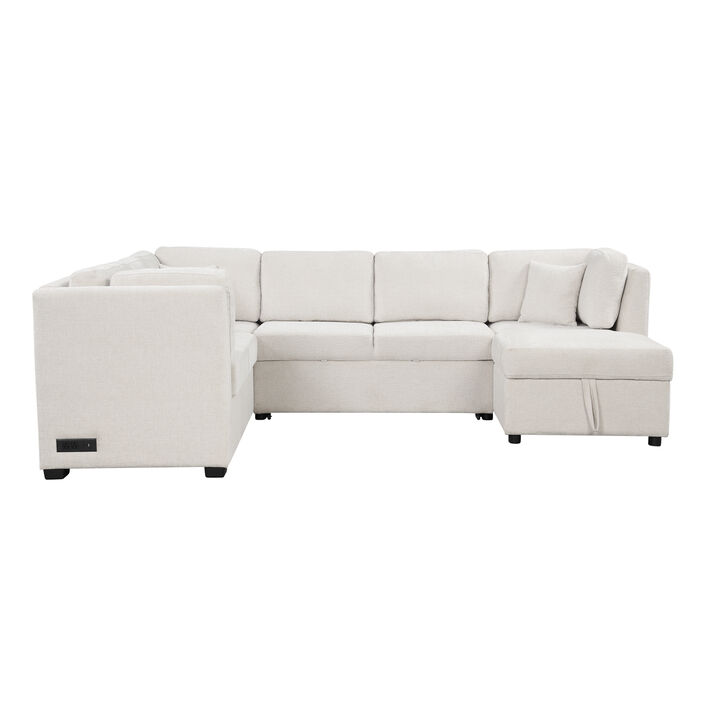 Merax U-shaped Sectional Sofa Pull Out Sofa Bed with 2 USB Ports