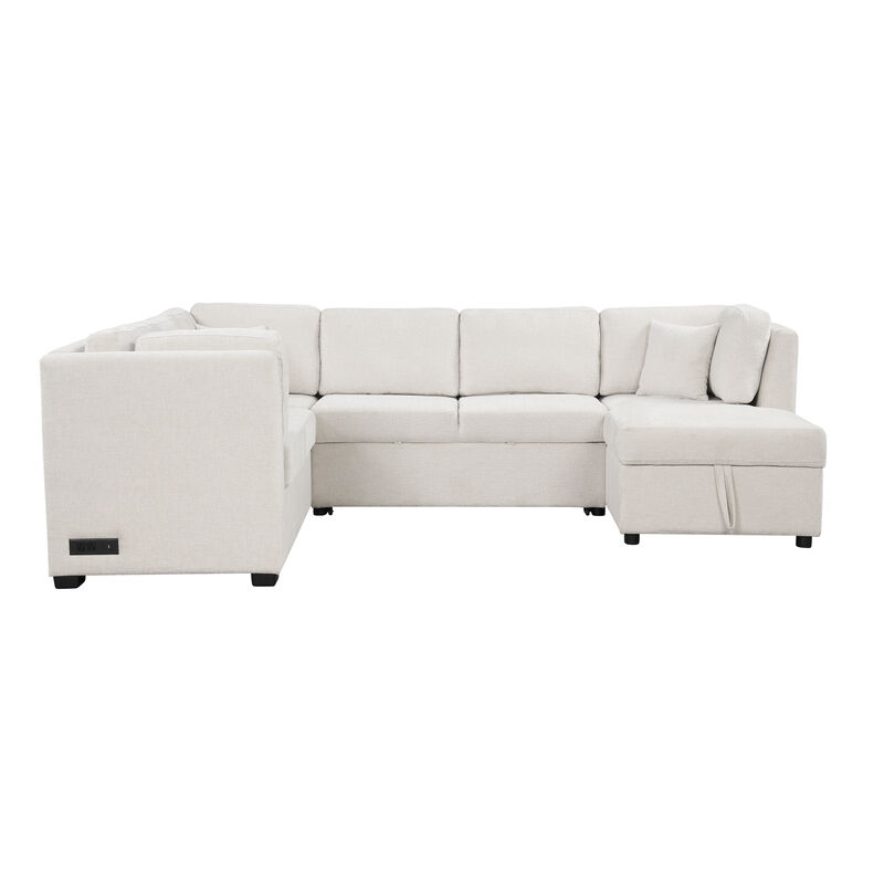 Merax U-shaped Sectional Sofa Pull Out Sofa Bed with 2 USB Ports