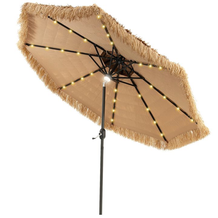 9-Foot Solar-Powered Tiki Patio Umbrella with Thatched Design and LED Lights for Outdoor Spaces