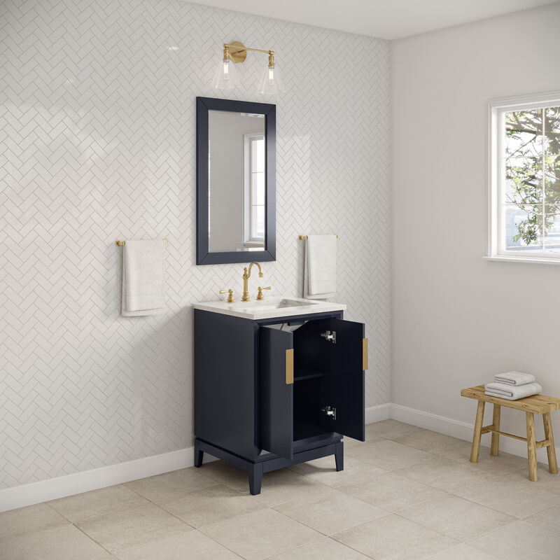 Elizabeth 24 In. Single Sink Carrara White Marble Countertop Bath Vanity In Monarch Blue with Satin Gold Hardware