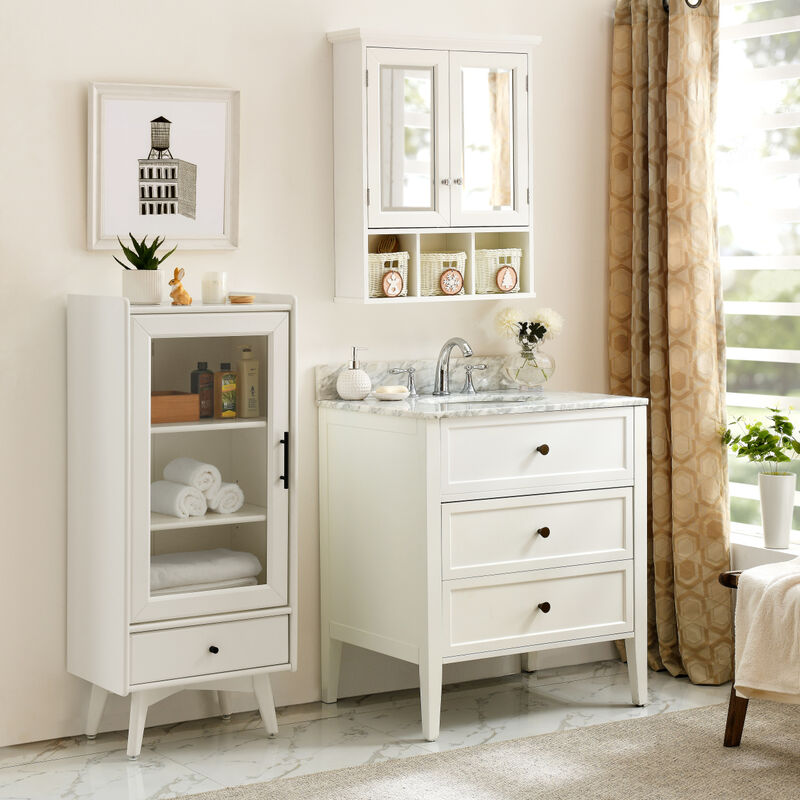 White Wood Wall Cabinet with Mirrored Doors & Storage Baskets