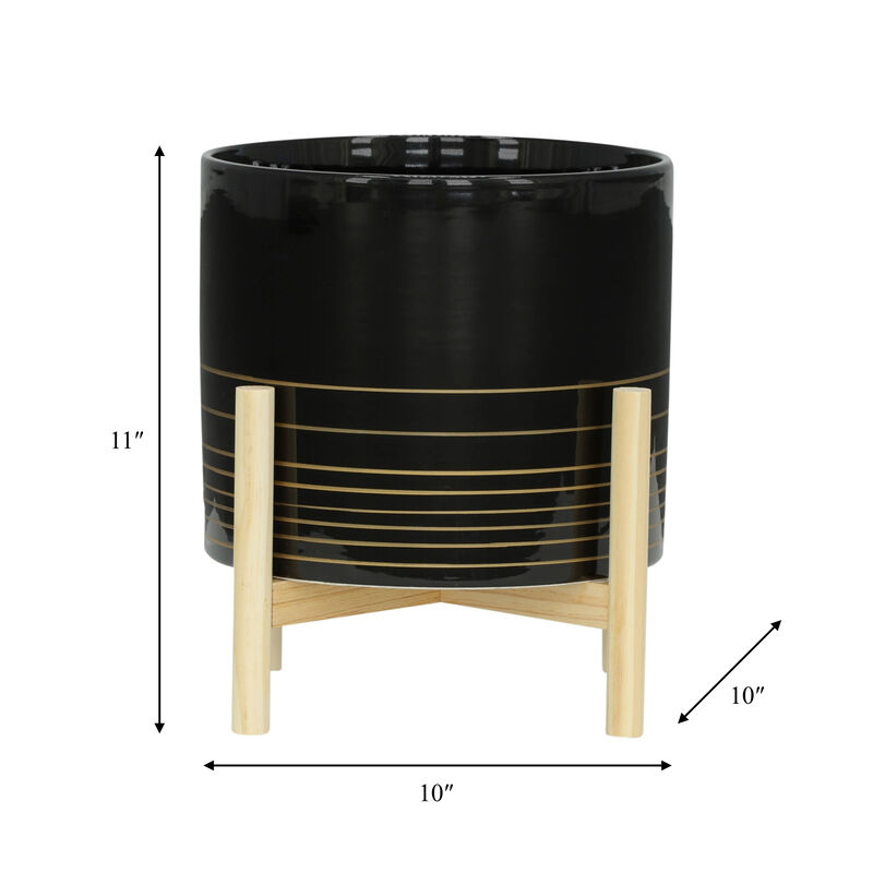 12" Ceramic Metallic Planter with Wood Stand, Black