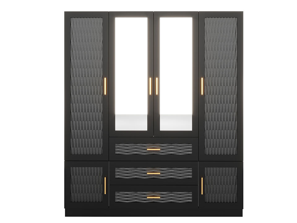 Wooden Armoire Wardrobe Closet Black 3 Doors, Hanging Rods, Mirror, 4 Drawers, Large Capacity Storage Cabinet Wardrobe Closet for Bedroom Armoire