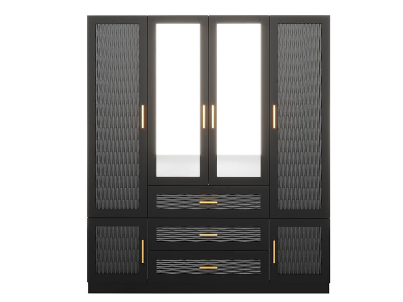 Wooden Armoire Wardrobe Closet Black 3 Doors, Hanging Rods, Mirror, 4 Drawers, Large Capacity Storage Cabinet Wardrobe Closet for Bedroom Armoire