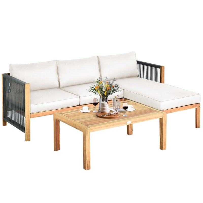 3 Pieces Patio Acacia Wood Sofa Conversation Sets with Nylon Rope Armrest