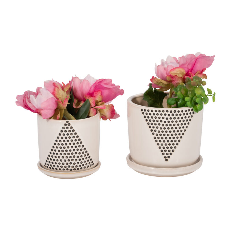 Triangle Dots Planter with Saucer, White Set