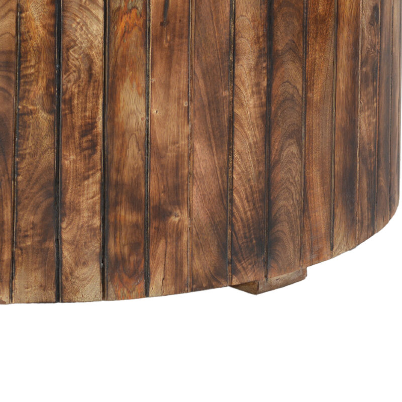 34 Inch Handmade Wooden Round Coffee Table with Plank Design, Burned Brown-Benzara