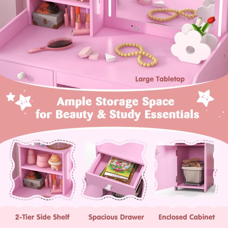 Hivvago Kids Vanity Table and Chair Set with Shelves Drawer and Cabinet-Pink