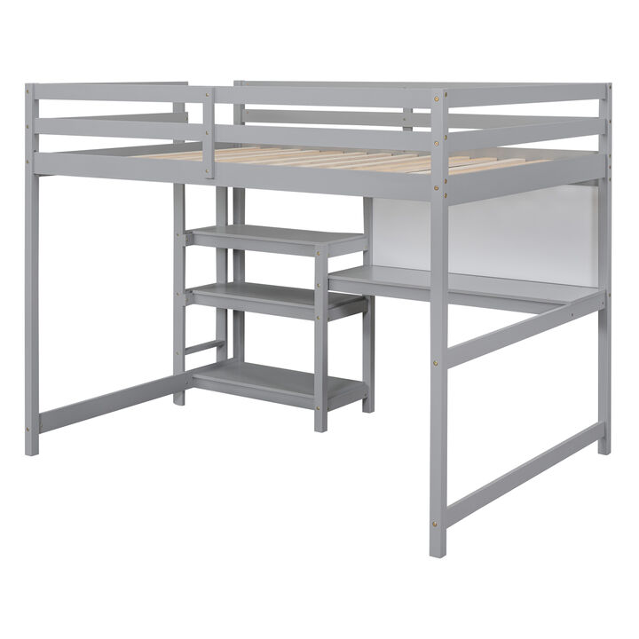 Full Size Wooden Loft Bed With Shelves, Desk And Writing Board