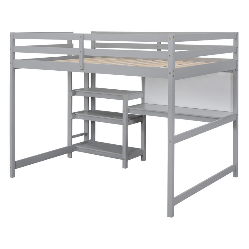 Full Size Wooden Loft Bed With Shelves, Desk And Writing Board