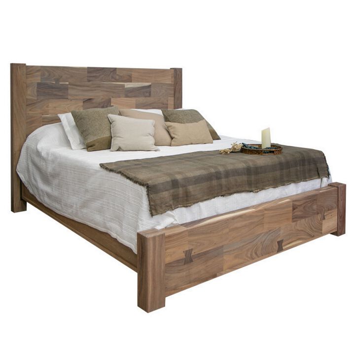Umey Queen Size Bed, Mango Wood with Grain Details, Two Tone Rustic Brown - Benzara