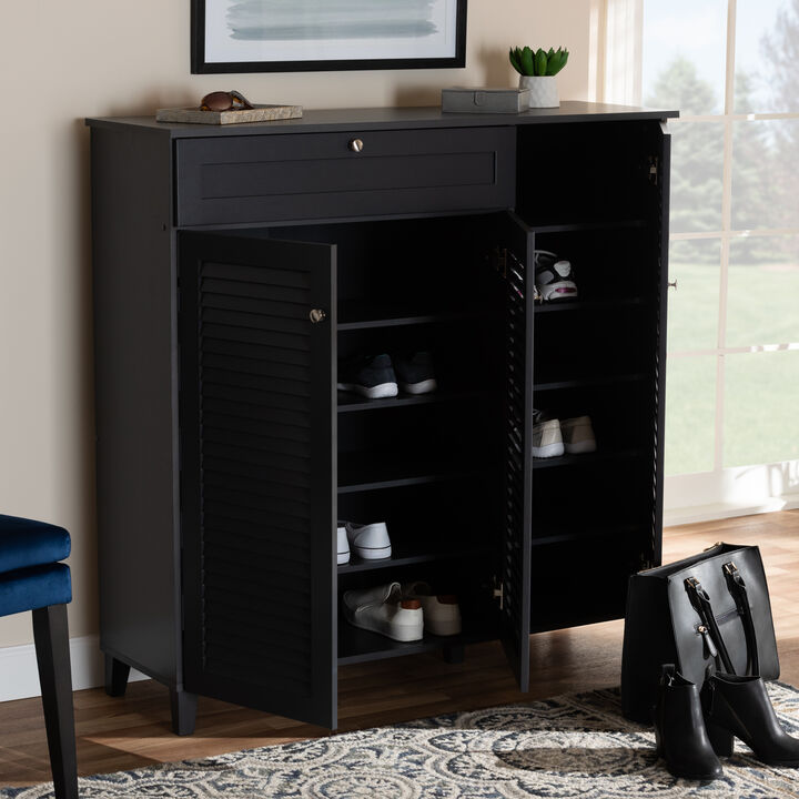 Baxton Studio Coolidge Dark Grey Finished 11 Shelf Wood Shoe Storage Cabinet With Drawer