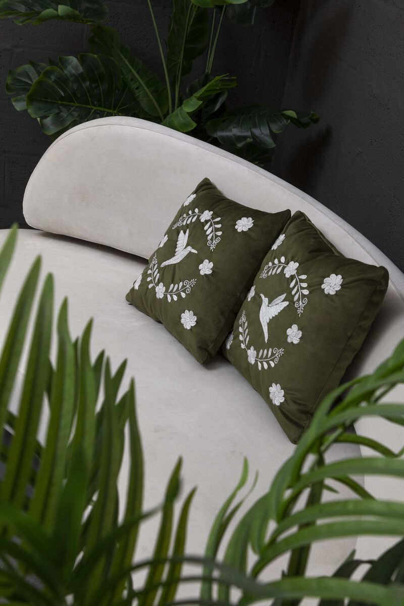 COLIBRÍ Hand Embroidered Decorative Pillows in Olive Green Velvet by ANDEAN, Set of 2, In Stock