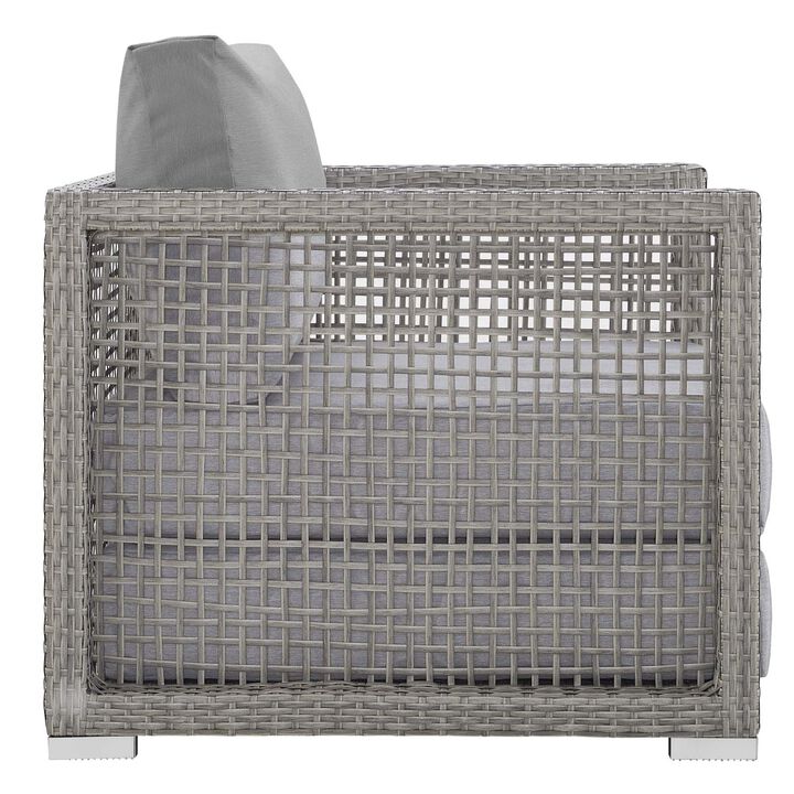 Aura Outdoor Patio Collection - Gray Gray Wicker Rattan Set with Aluminum Frame. Includes Side Table & 2 Armchairs. All-Weather Cushions for Maximum Comfort & Durability. Perfect for Casual Conversations & Unforgettable Moments.