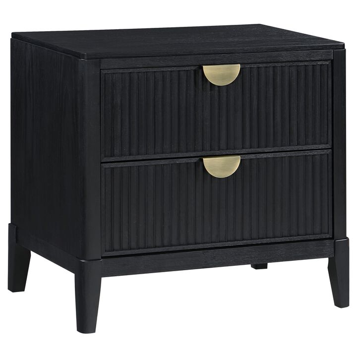 Jack Nightstand, 2 Drawers, Gold Metal Handles, Wire Brushed Black Wood - Benzara Jack Nightstand, 2 Drawers, Gold Metal Handles, Wire Brushed Black Wood - Benzara