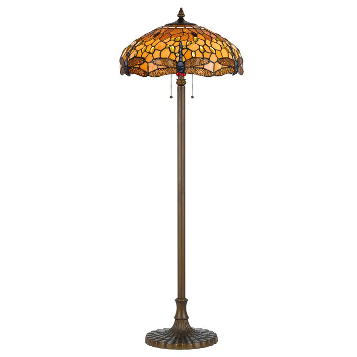 2 Bulb Tiffany Floor Lamp with Dragonfly Design Shade, Multicolor-Benzara