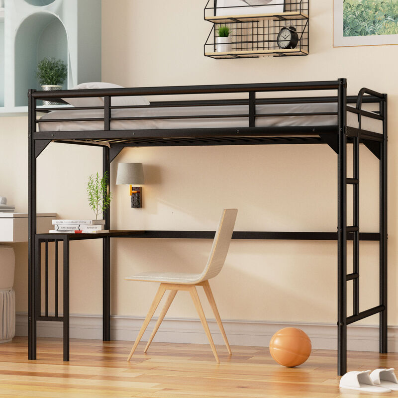 Twin Metal Loft Bed With Desk, Ladder And Guardrails, Bookdesk Under Bed