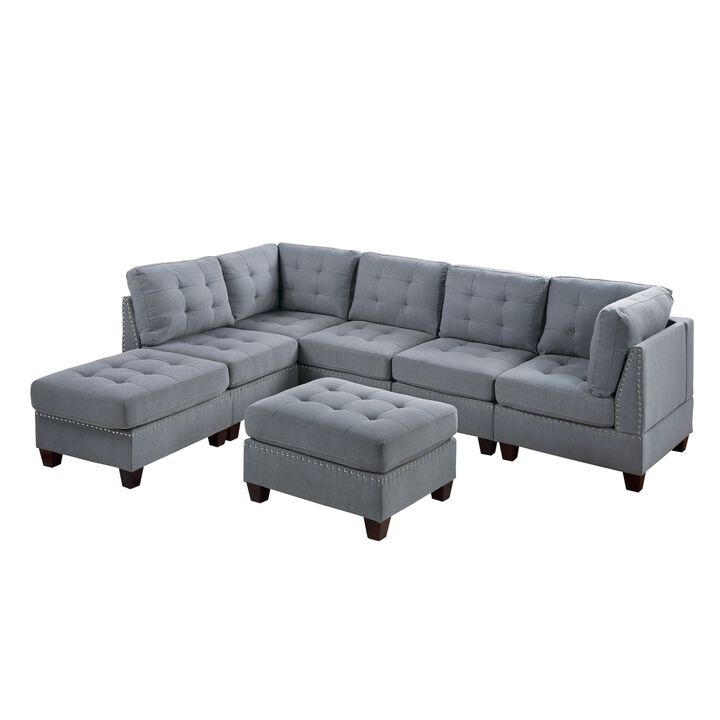 7 Piece Gray Linen Modular Sectional Set with Ottomans