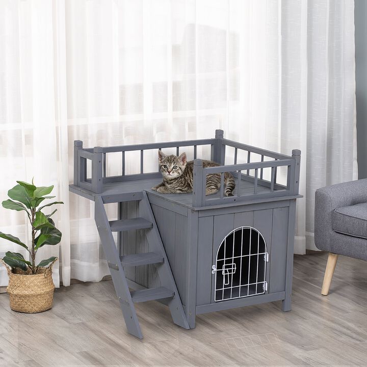 Grey Cat Castle: 2-Level Wooden Outdoor Shelter with Balcony