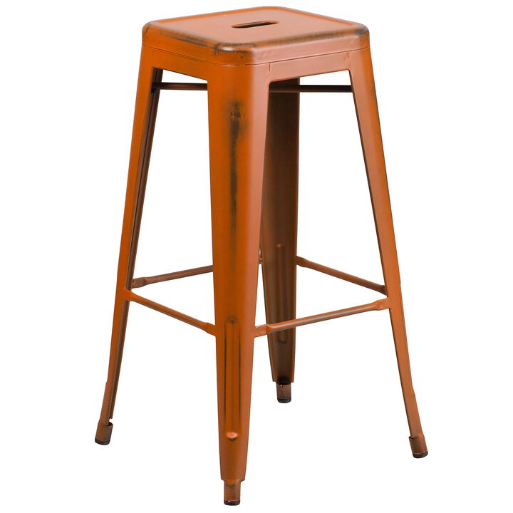 Flash Furniture Kai Commercial Grade 30" High Backless Distressed Orange Metal Indoor-Outdoor Barstool