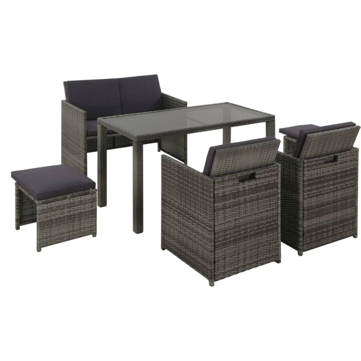 vidaXL 6 Piece Outdoor Dining Set with Cushions Poly Rattan Gray