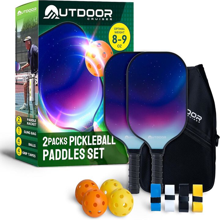 Outdoor Cruiser Pickleball Paddle Set – USAPA Approved, Premium Fiberglass Paddles with Lightweight Shock-Absorbing Grip, Includes 2 Rackets, 4 Balls, Grip Tapes, and Sling Carry Bag