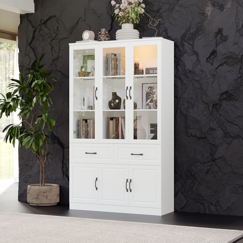 FUFU&GAGA Bookcase with Glass Doors, Drawers, and Storage Cabinets (47.2" W x 15.7" D x 78.7" H) White