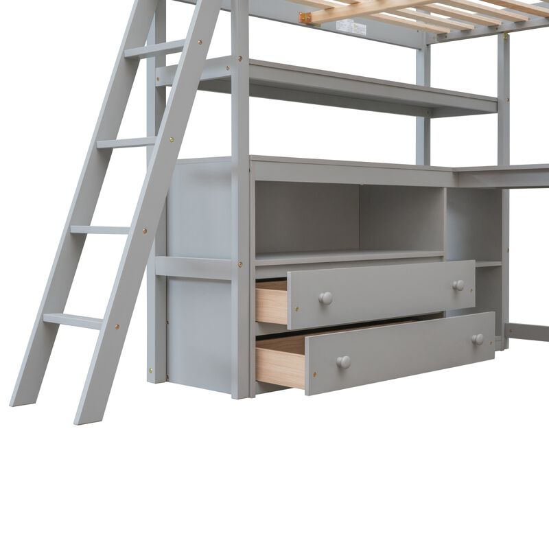 Full Size Loft Bed With Desk And Shelves, Two Built-In Drawers