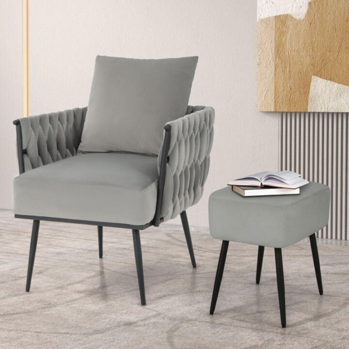 Hivvago Modern Dutch Velvet Accent Chair and Ottoman Set with Weaved Back and Arms