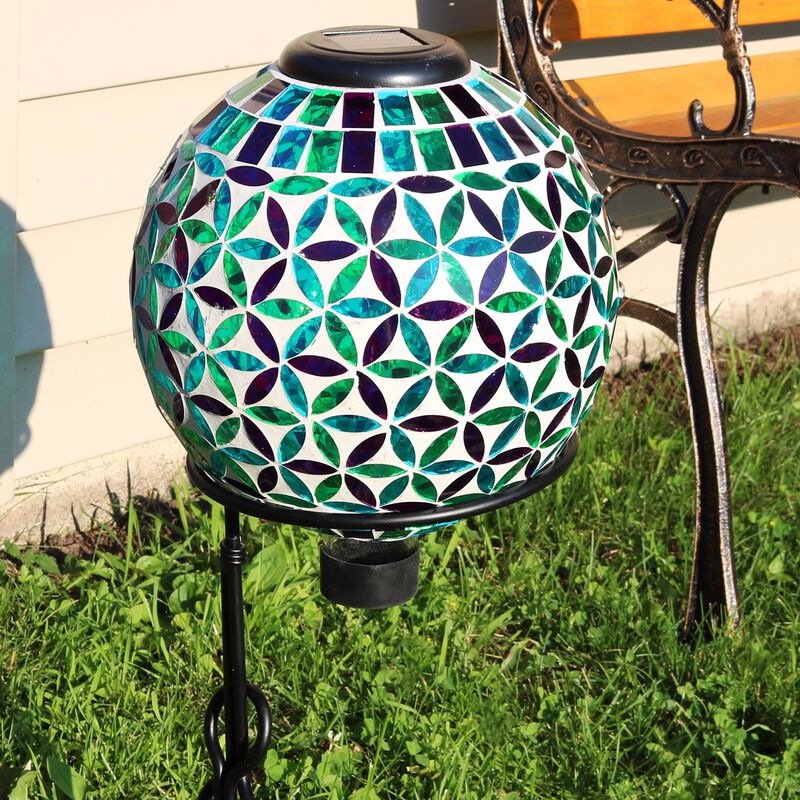 Sunnydaze Cool Blooms Glass Gazing Ball with Solar Light - 10 in