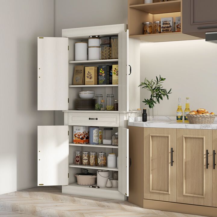 71" Distressed White Pantry: 4 Doors, 2 Cabinets, Drawer