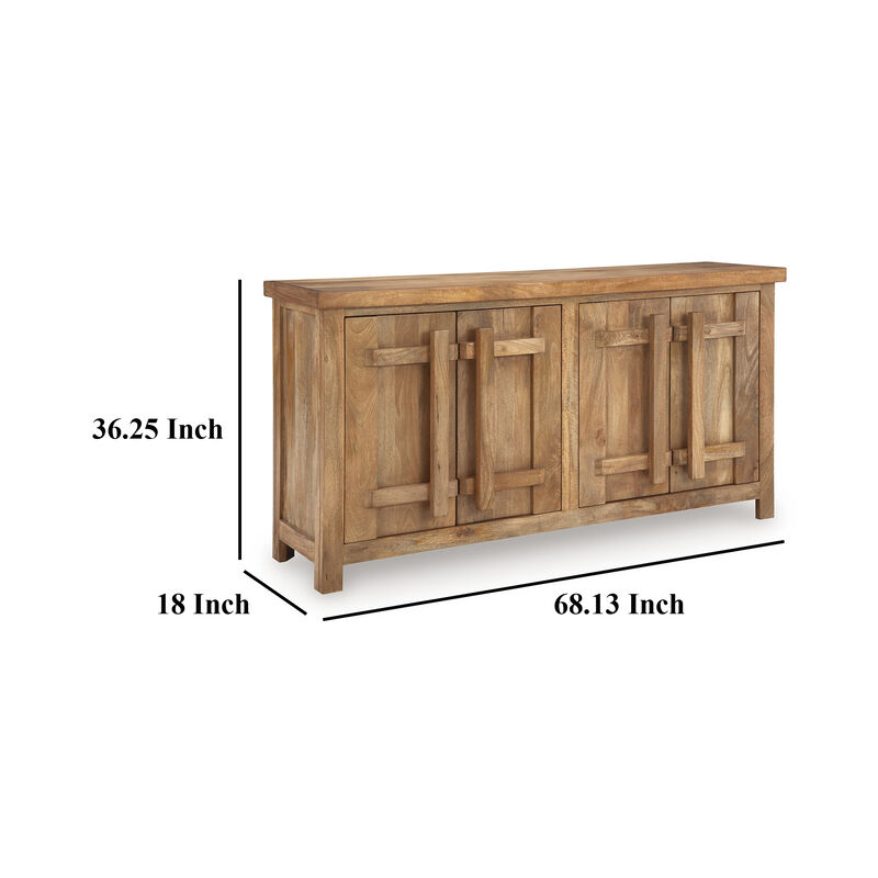 Sideboard Cabinet Console, 68 Inch Craftsman Style, Brown Mango Wood - Benzara