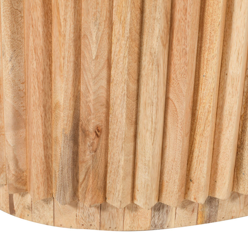 Muna Coffee Table, 36 Inch Oval Top, Handcrafted Mango Wood, Reeded Base with Hidden Storage, Natural Brown