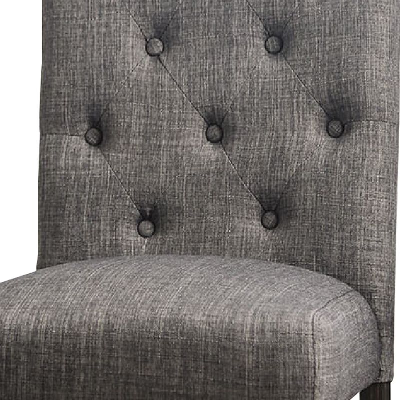 27 Inch Fabric Dining Chair, Button Tufted Rolled Back, Wood, Gray - Benzara