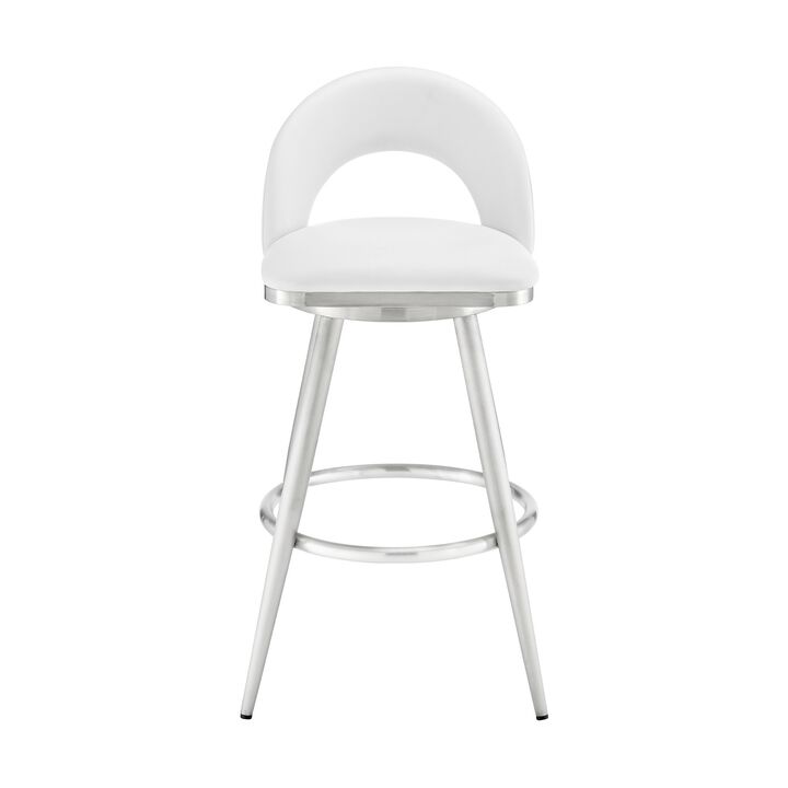 Visy 26 Inch Swivel Counter Stool Chair, Round Back, White Faux Leather - Benzara