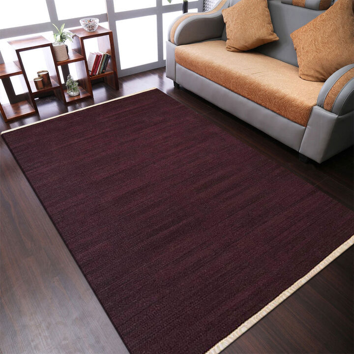 RUGSOTIC CARPETS HAND WOVEN FLAT WEAVE KILIM WOOL ECO-FRIENDLY AREA RUGS  - 3'x5', Rectangle Shape, Plum Color, Solid Plain Design, Low Pile  Handmade Area Rugs for Living Room, Bed Room (D00111)