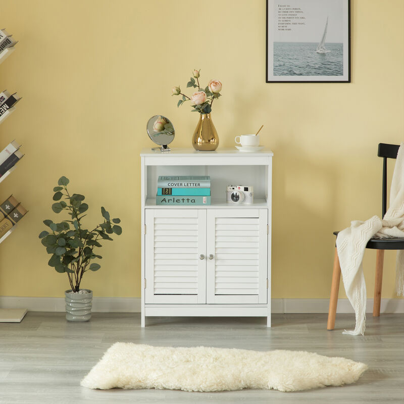 Wooden White Modern Storage Bathroom Vanity Cabinet with Adjustable Shelves and Two Horizontal Planks Design Doors