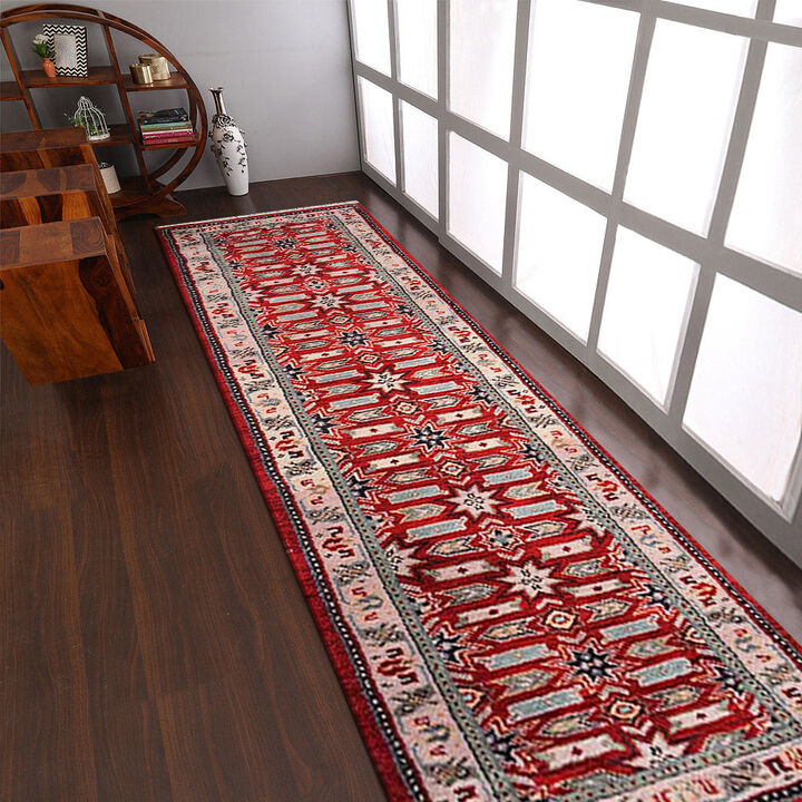 Rugsotic Carpets Hand Knotted Afghan Wool And Silk 2'6''x10' Runner Area Rug Oriental Kazak Red Cream AF0107