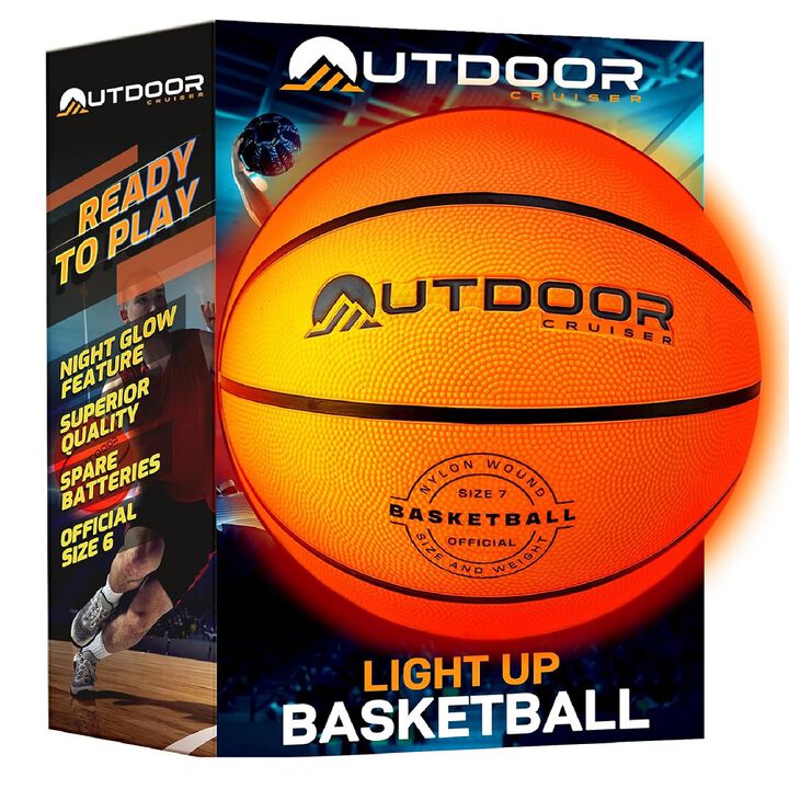 Outdoor Cruiser Light Up Basketball - Waterproof Rubber Construction, Glow in the Dark, Glows Up to 30 Hrs with Tap Activation, Complete Set with Pump & Spare Batteries, Official Size 7, For Ages 8-15