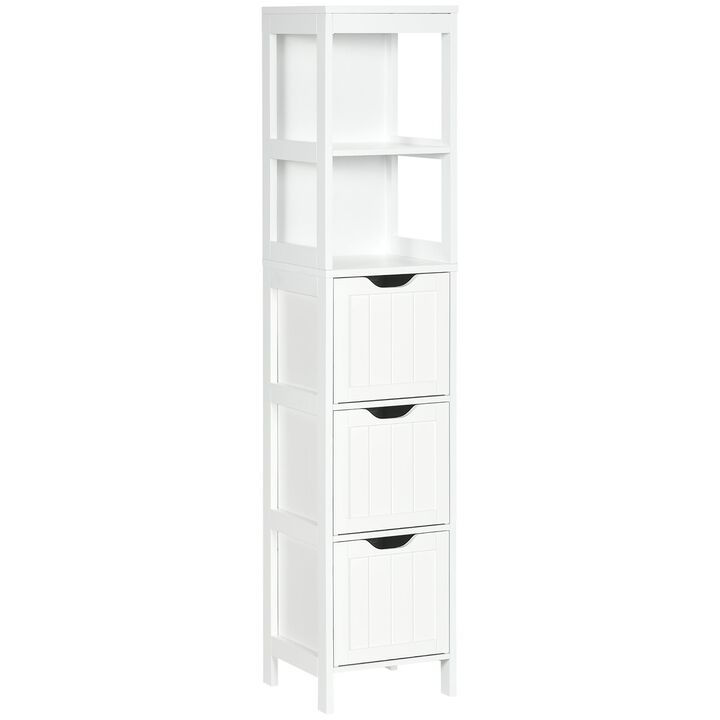 White Bathroom Tower: Slim Cabinet with 3 Drawers and 2-Tier Shelf